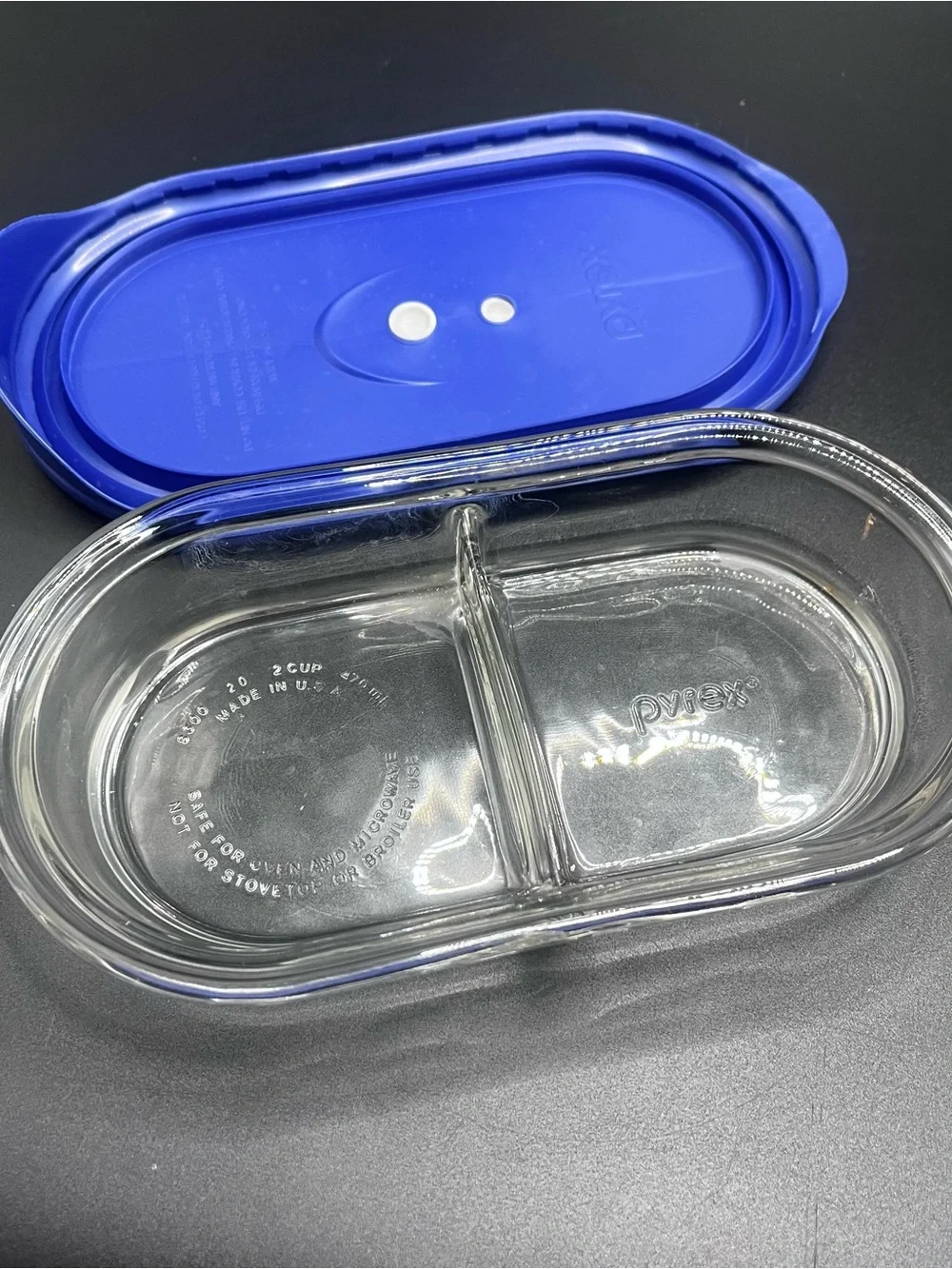 Pyrex Glass Divided 2 Cups Dish 8300 USA Oven & Microwave Safe w/ Vented Lid